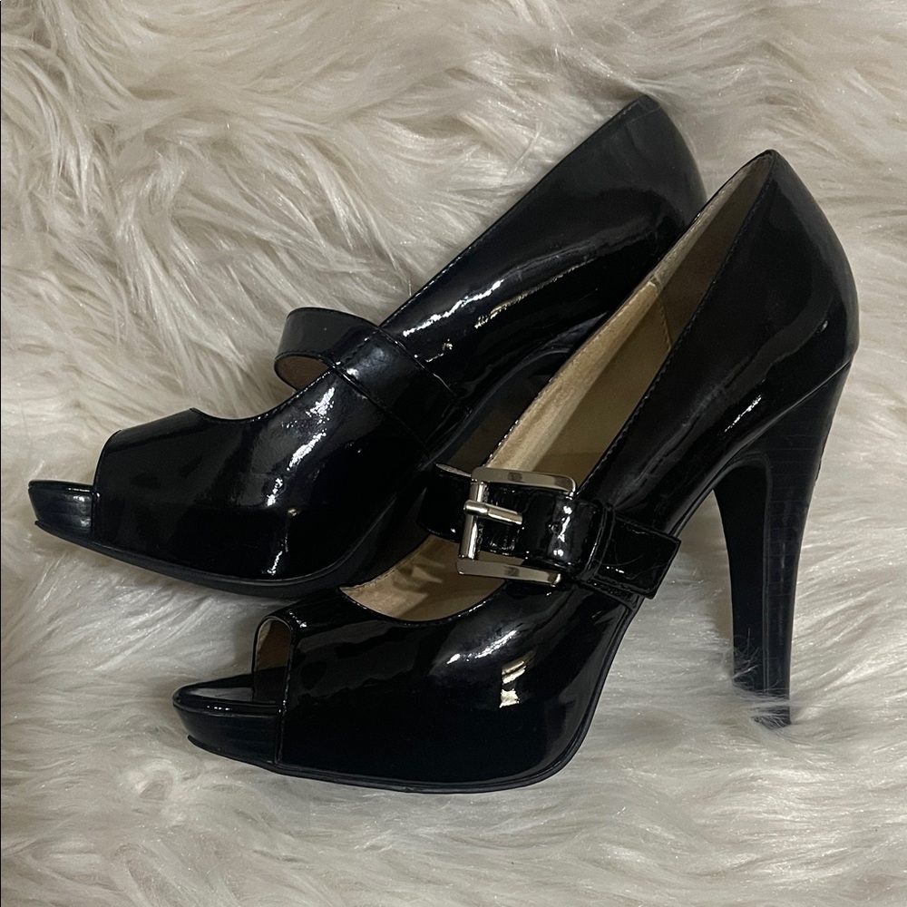 KORS Michael Kors Glossy Black Peep-Toe Heels